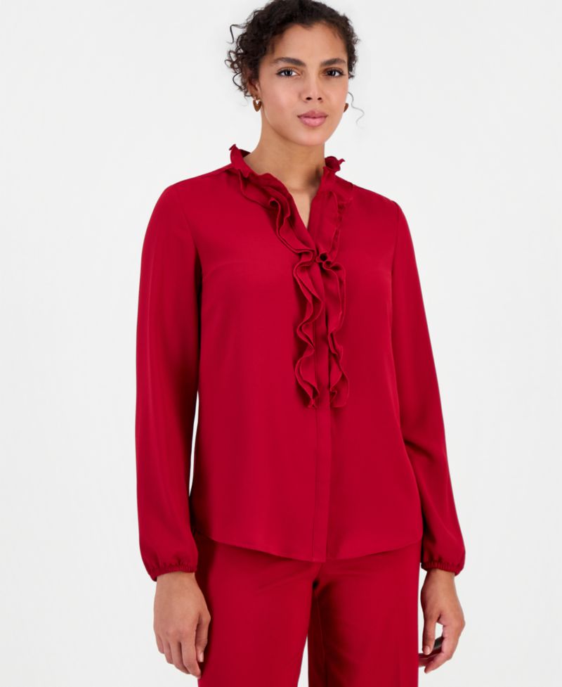 Women's Ruffle-Front Long-Sleeve V-Neck Blouse