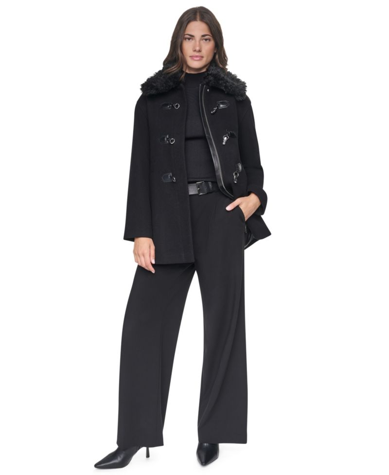 Women's Faux-Fur Collared Wool-Blend Mid-Length Coat