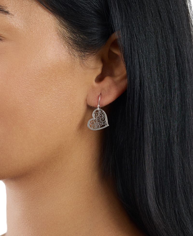 Sterling Silver Laser Cut Scroll Heart Drop Earrings