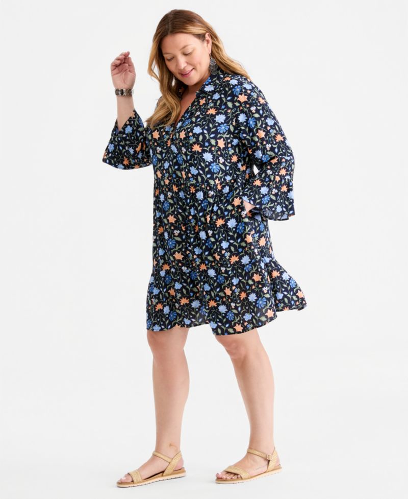 Plus Size Printed V-Neck 3/4-Sleeve Tiered Dress