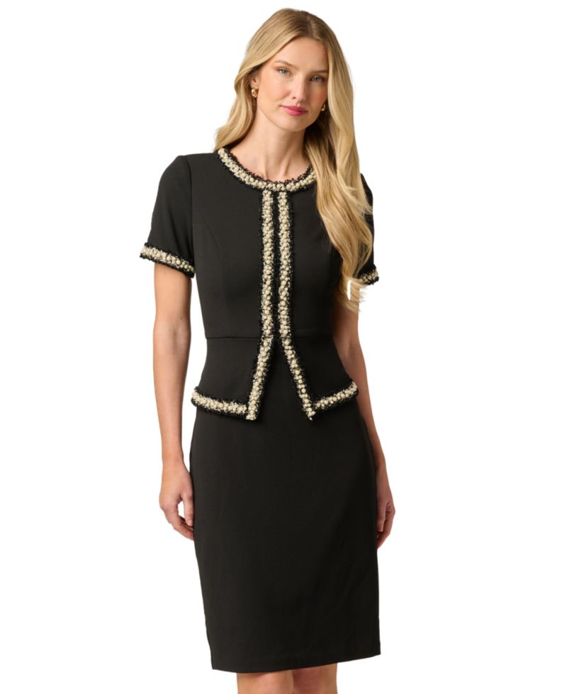 Women's Imitation Pearl-Trim Peplum Crepe Sheath Dress