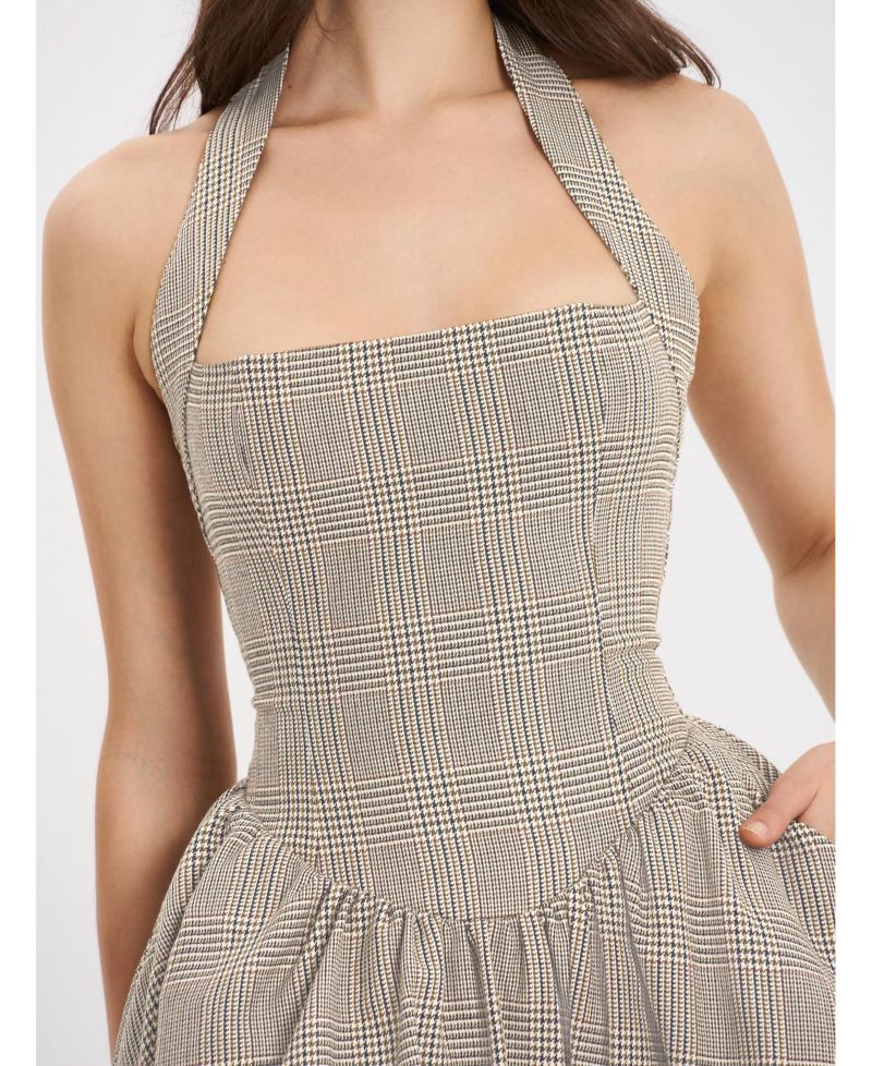 Women's Dacia Plaid Halter Lace-up Bubble Mini Dress
