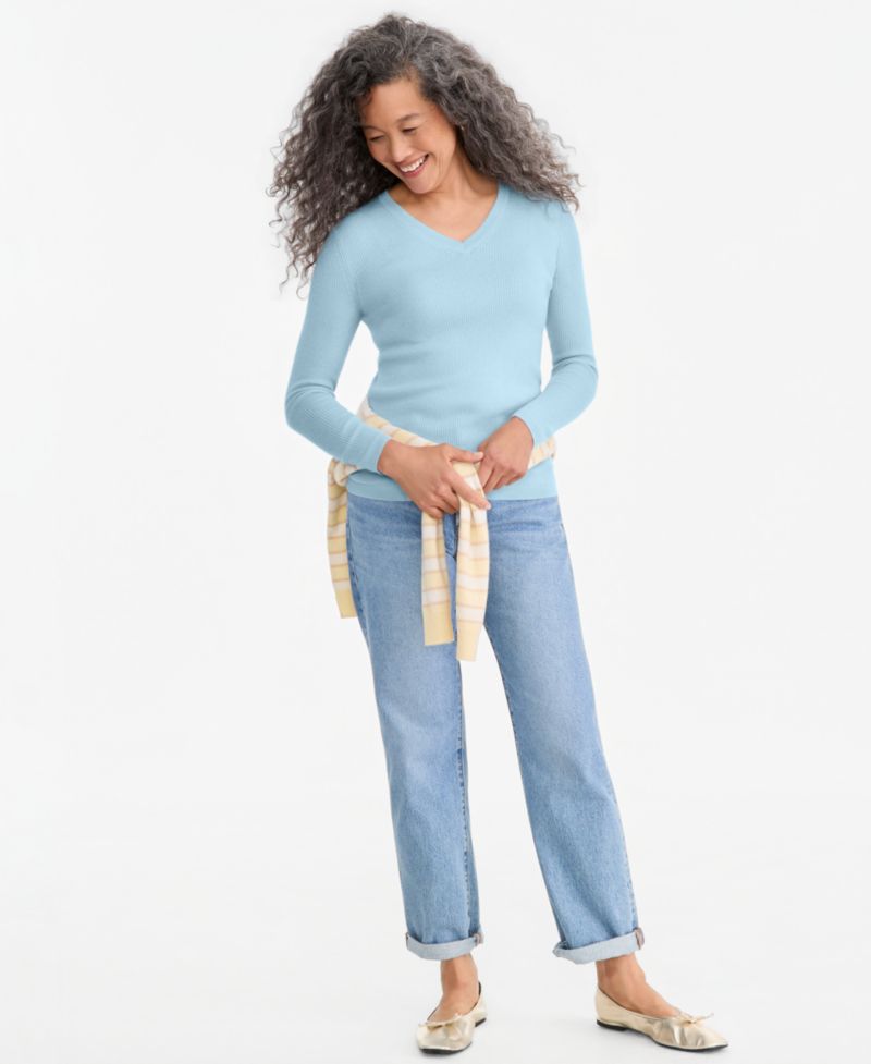 Women's 100% Cashmere Featherweight Ribbed V-Neck Sweater
