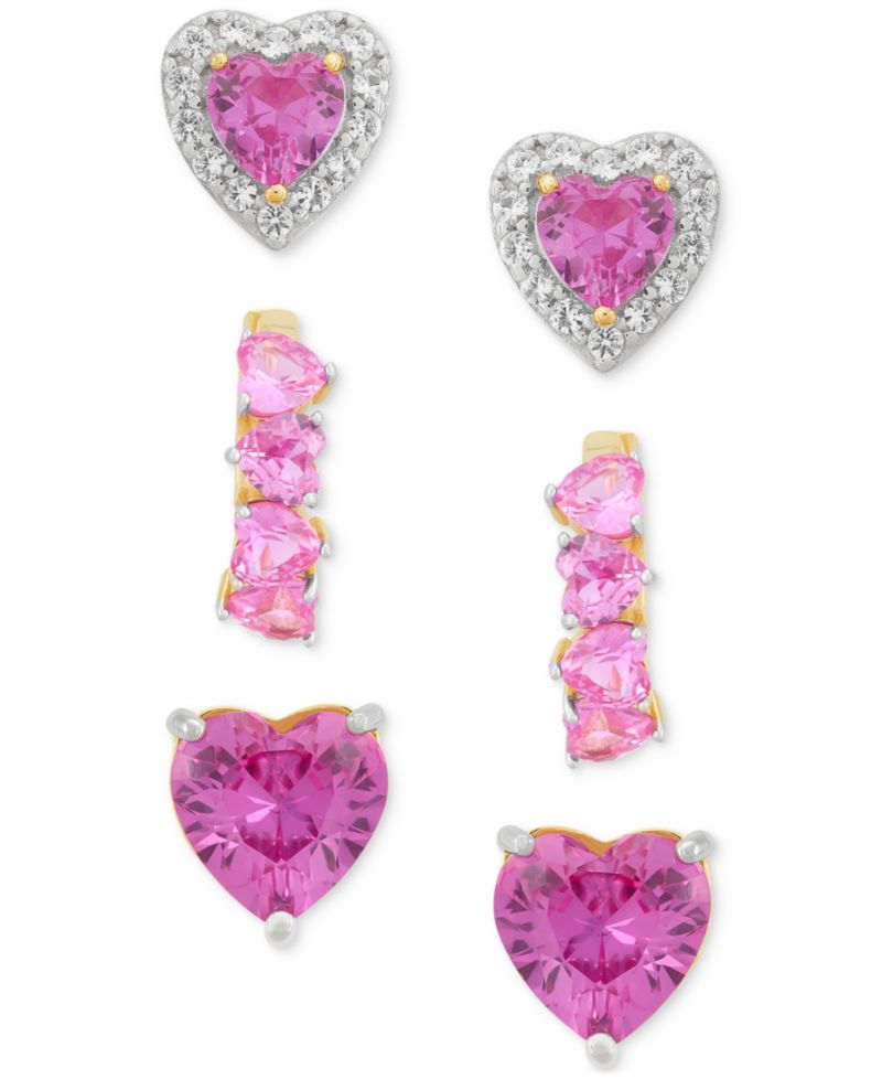 3-Pc. Set Lab Created Pink Sapphire (6 ct. t.w.) & Lab Created White Sapphire (1/2 ct. t.w.) Heart Stud & Small Hoop Earrings 14k Gold-Plated Sterling Silver