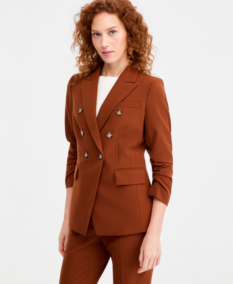 Women's Ruched-Sleeve Double-Breasted Blazer & Seamed Waistband Pants