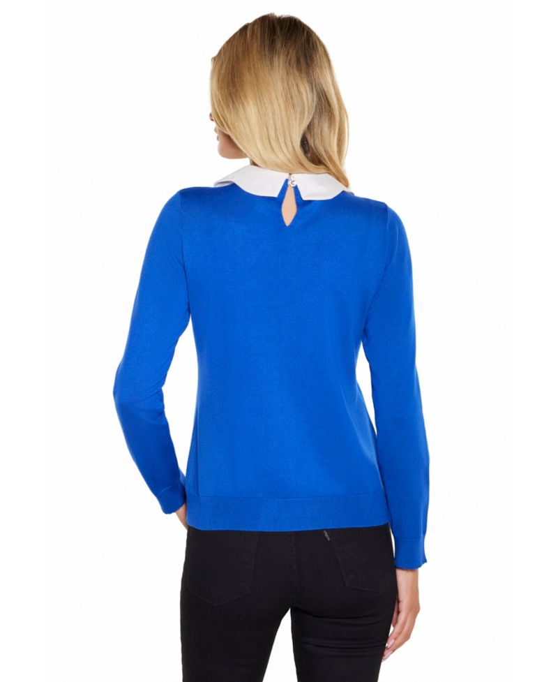 Women's Scalloped Keyhole-Back Long-Sleeve Rayon-Blend Pullover Sweater
