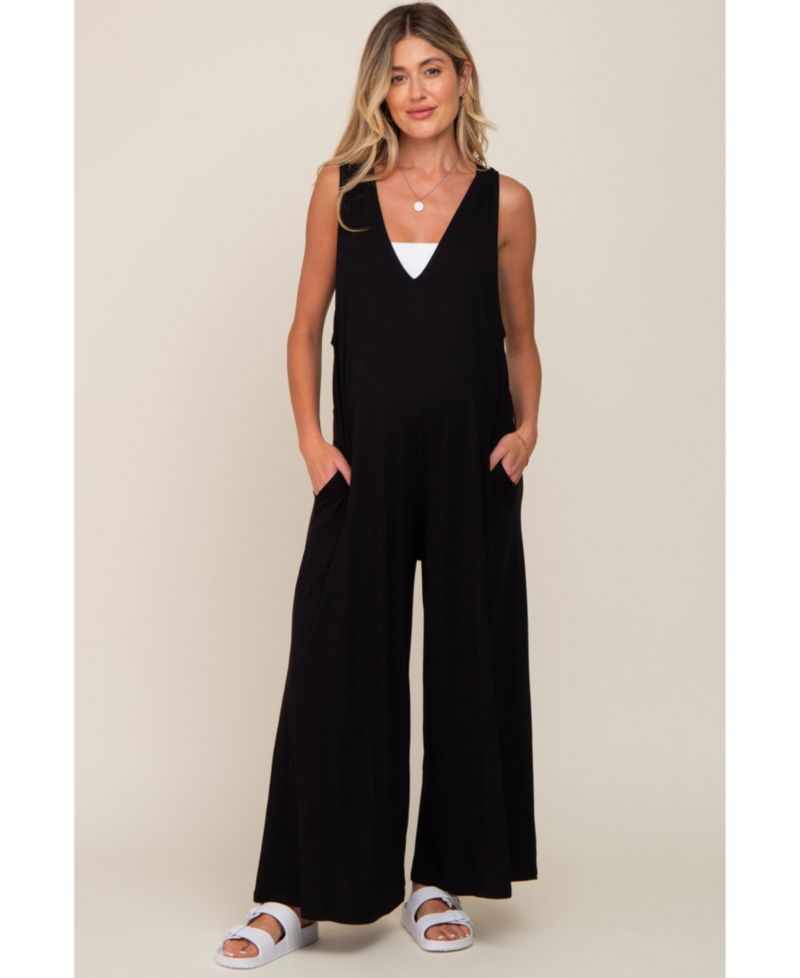 Women's Black Deep V Sleeveless Wide Leg Jumpsuit