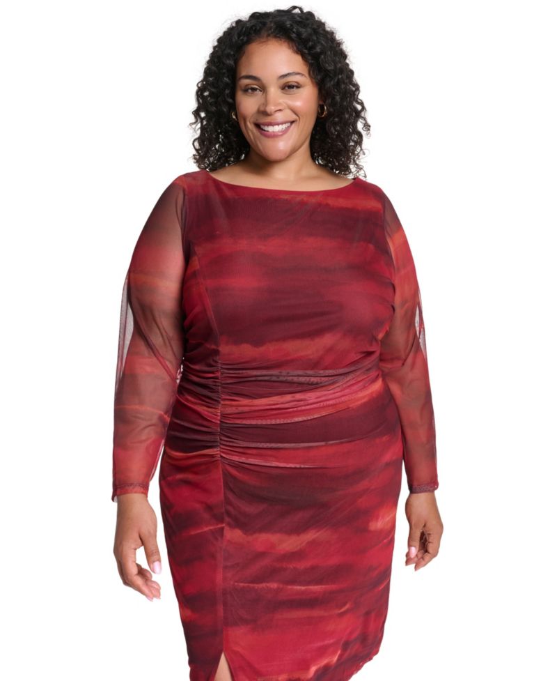Plus Size Printed Mesh Midi Dress