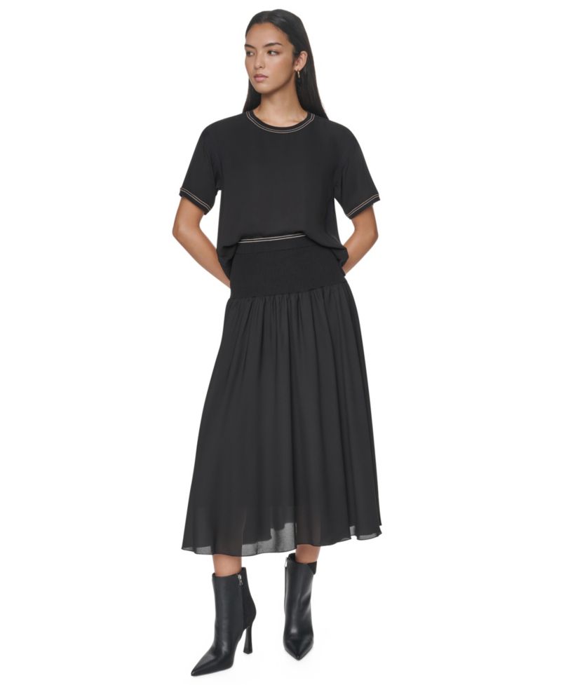 Women's Contrast Stitch Mixed-Media High-Waisted Midi Skirt