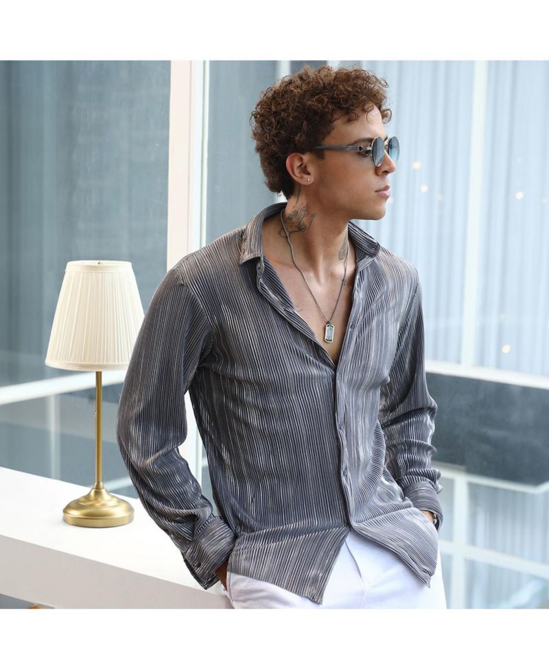 Men's Icy Blue & Metallic Silver Pleat-Creased Shirt