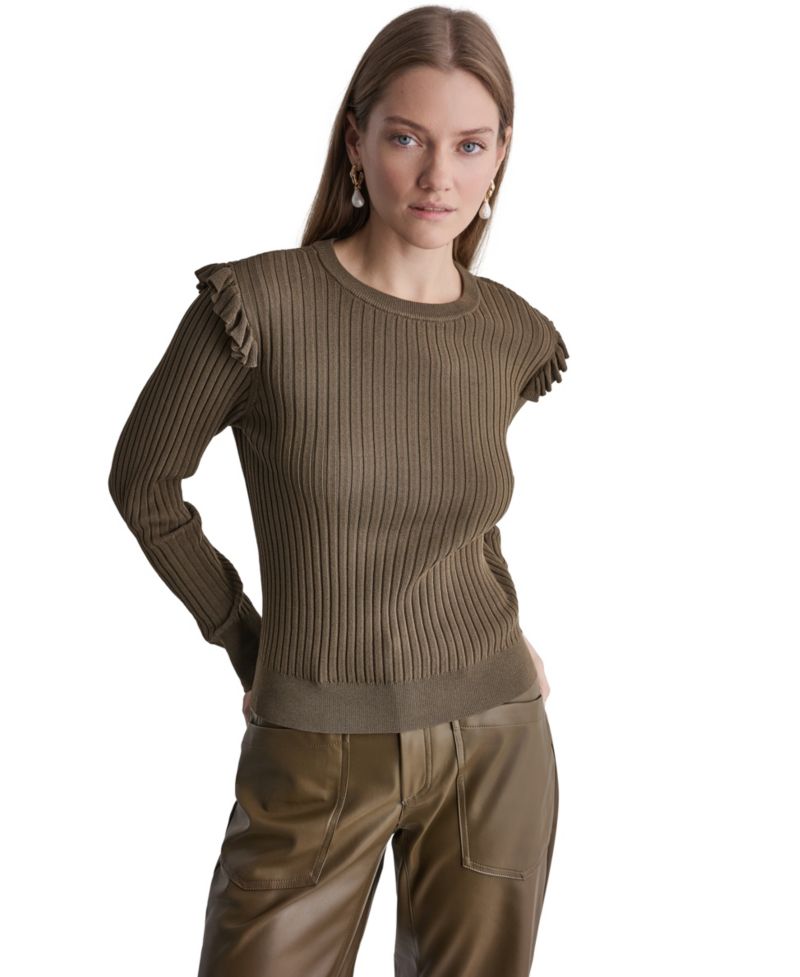 Women's Ruffle-Trim Ribbed-Knit Long-Sleeve Crewneck Sweater