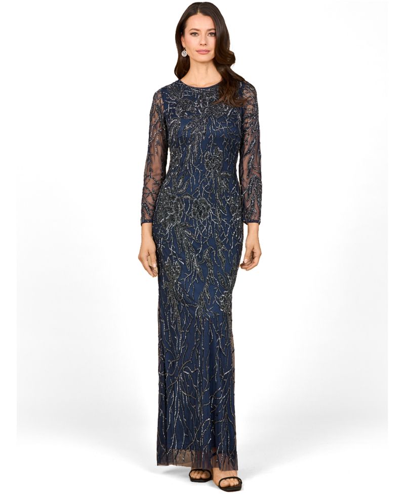 Women's High Neck, Long Sleeve Beaded Gown
