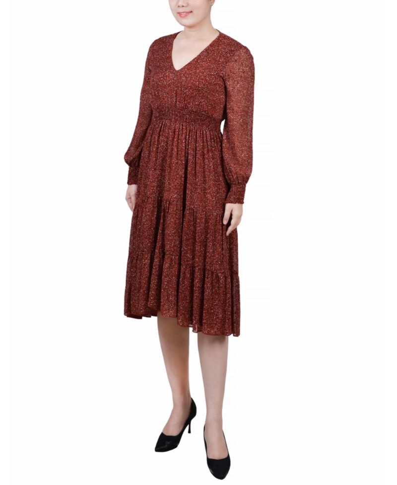 Women's Long-Sleeve Clip Dot Chiffon Dress with Smocked Waist and Cuffs Dress