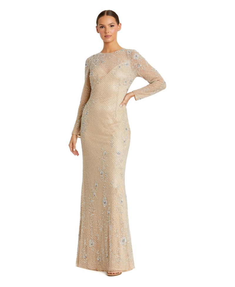Women's Long Sleeve Beaded Sheath Evening Gown