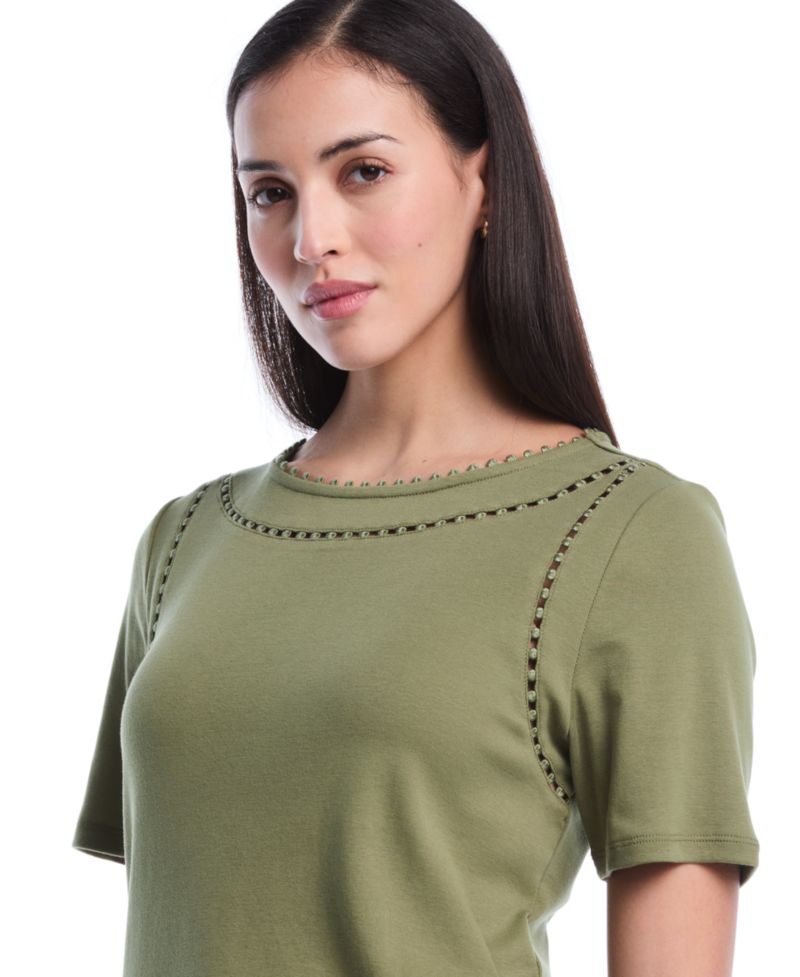 Petite Pom Trim Detail Short-Sleeve Top