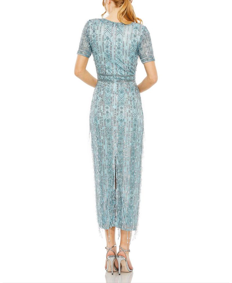 Women's High Neck Short Sleeve Crystal Fringe Column Dress