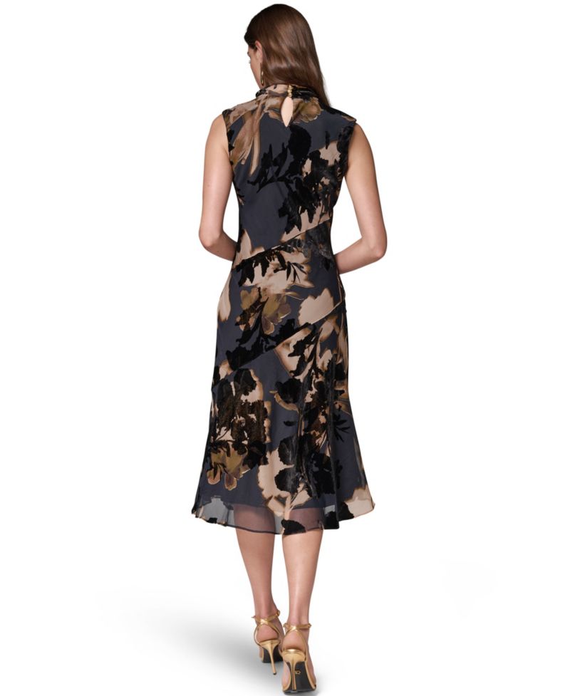 Women's Floral-Print Velvet Burnout A-Line Midi Dress