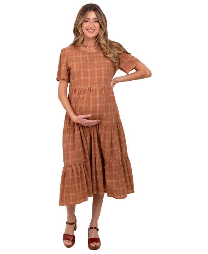 Women's Rust Plaid Tiered Short Sleeve Dress