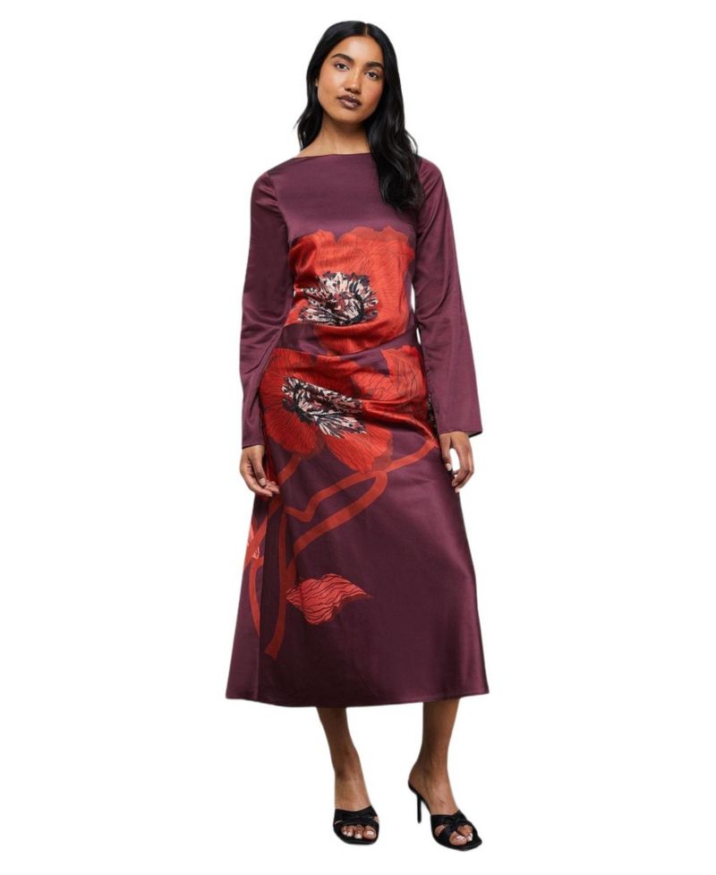 Women's Floral Placement Print Satin Midi Dress