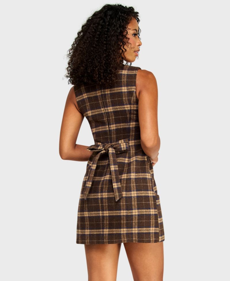 Juniors' Plaid Tie-Back Mini Dress