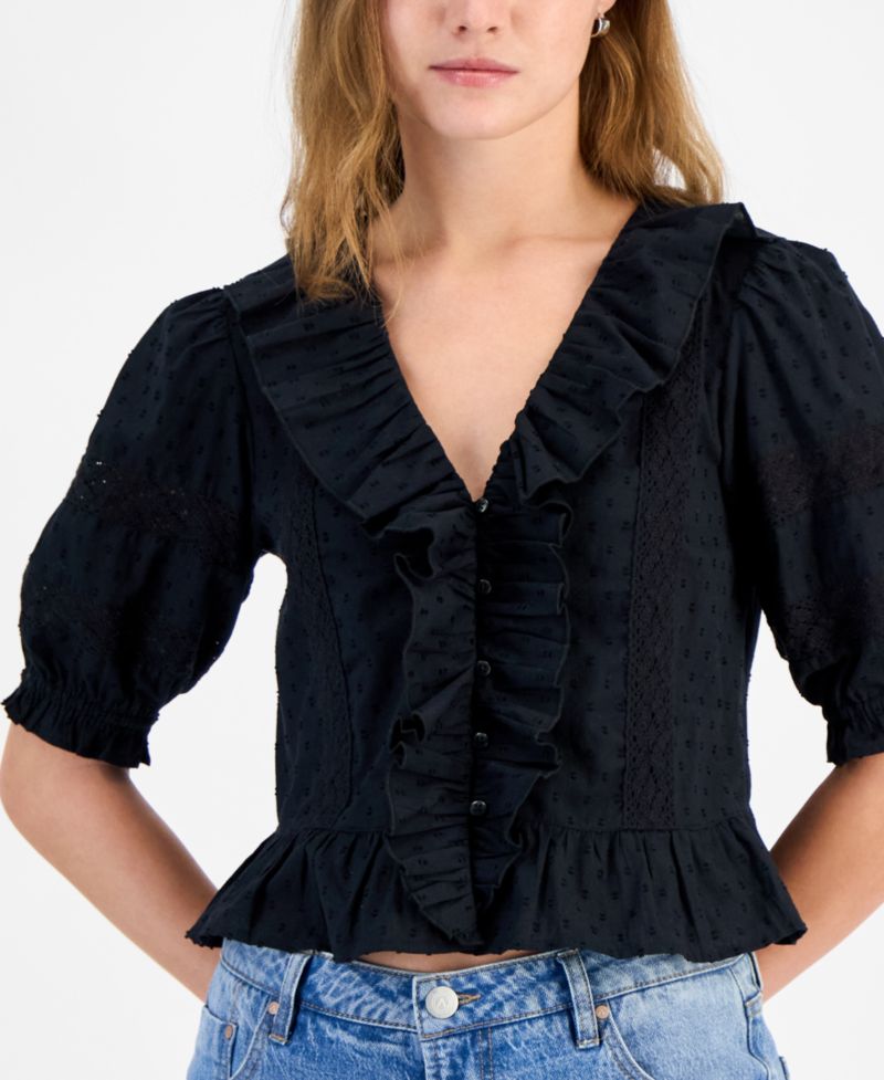 Petite Ruffled-Front Clip-Dot Cotton Top