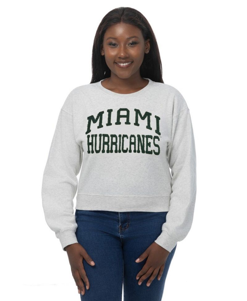Women's Oatmeal Miami Hurricanes Chenille Cropped Sweatshirt