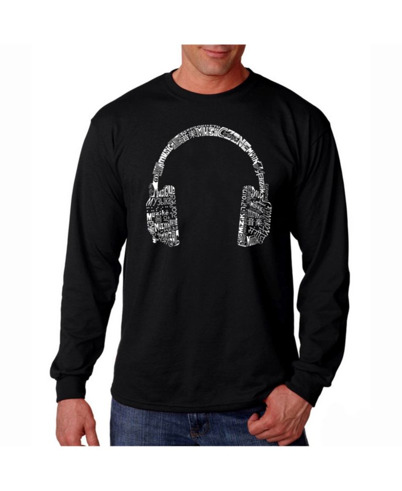 Men's Word Art Long Sleeve T-Shirt- Headphones - Music In Different Languages