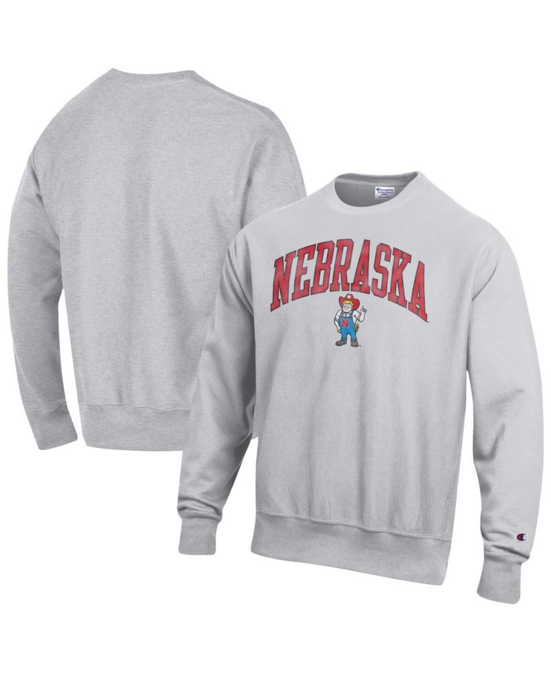 Men's Gray Nebraska Huskers Distressed Arch Over Logo Reverse Weave Crew Neck Sweatshirt