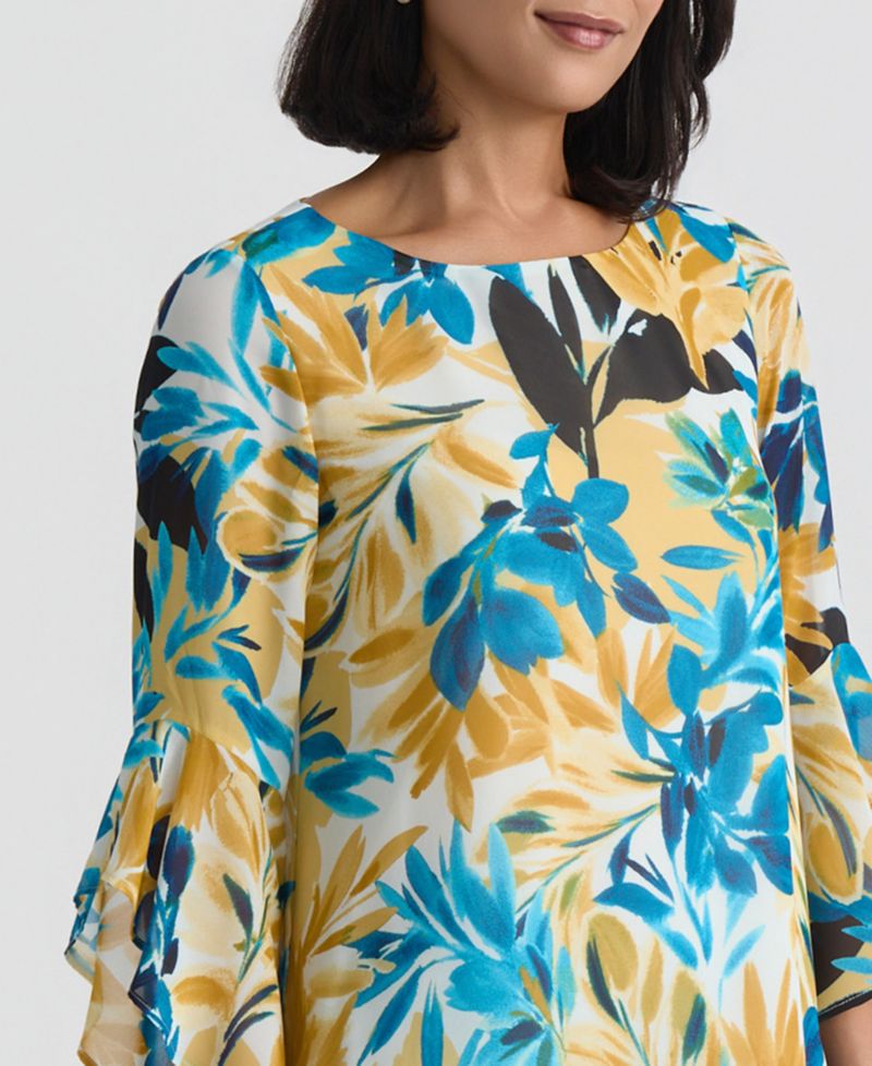Women's 3/4 Ruffle-Sleeve Printed Boatneck Top, Regular & Petite