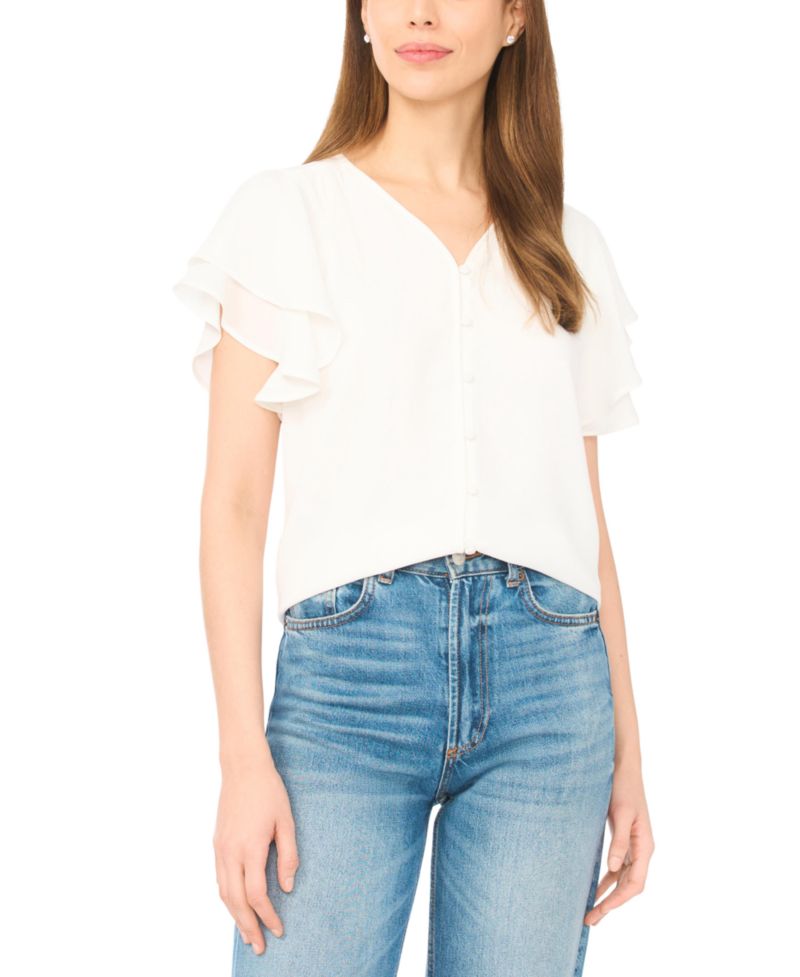 Women's V-Neck Double Flutter-Sleeve Top