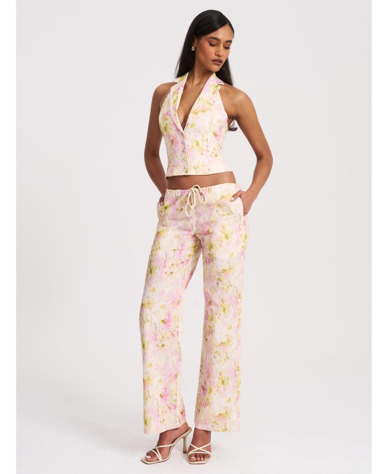 Women Lauren Pink Floral Print Ruched Back Linen Suit Vest