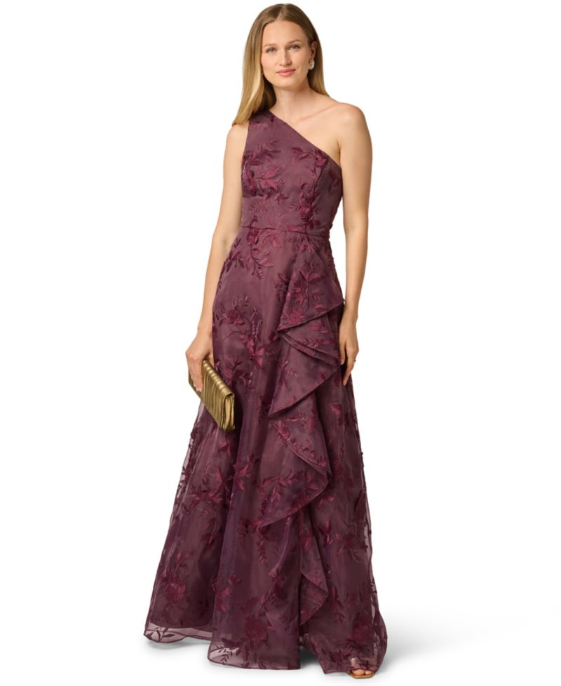 Women's Petite One-Shoulder Floral-Embroidered Ruffle Gown
