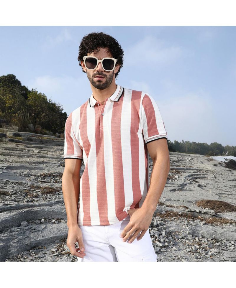 Men's Nude Pink and Cream White Awning-Striped Polo T-Shirt