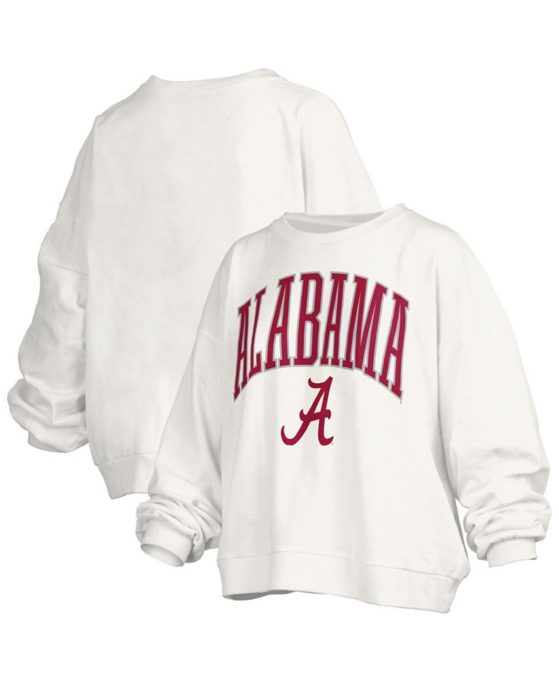 Women's White Alabama Crimson Tide Janise Arch Over Logo Waist Length Oversized Pullover Sweatshirt