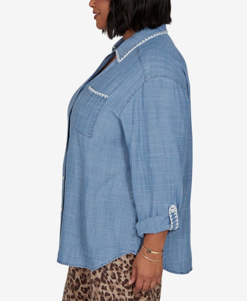Plus Size Crochet Trim Soft Button-Front Top