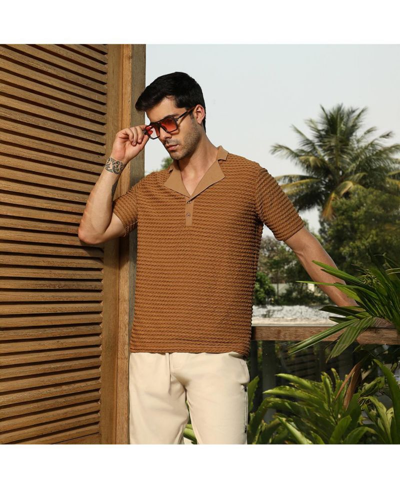 Men's Coffee Brown Crease-Tactile Cuban Polo T-Shirt