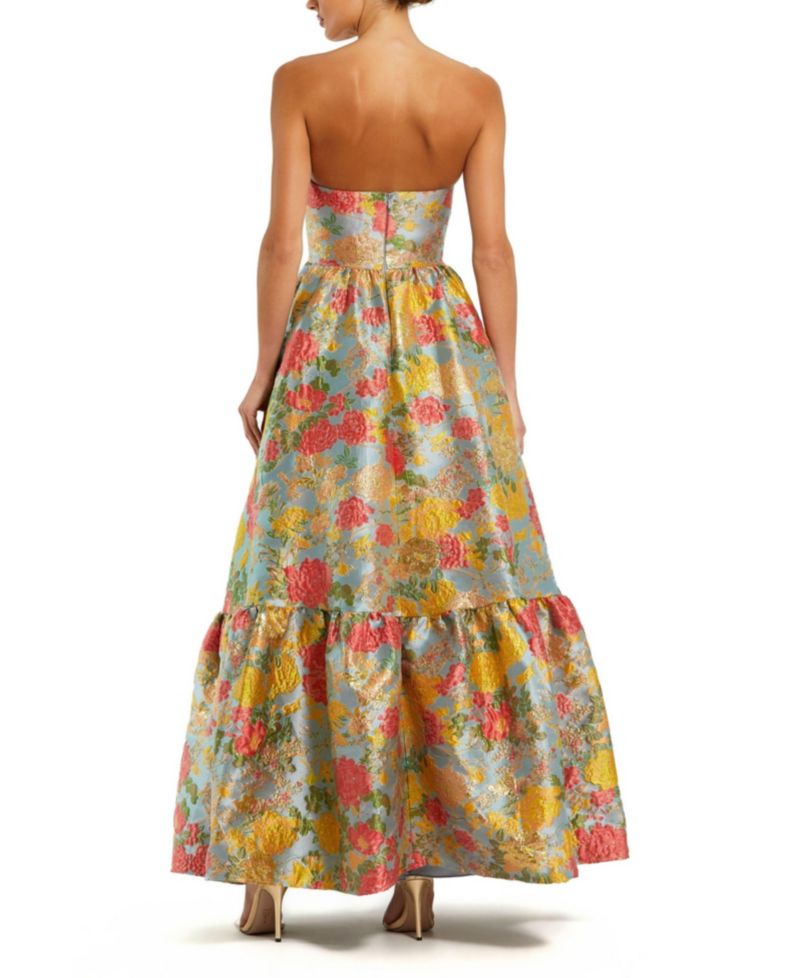 Women's Strapless Brocade Floral Gown With Ruffle Hem