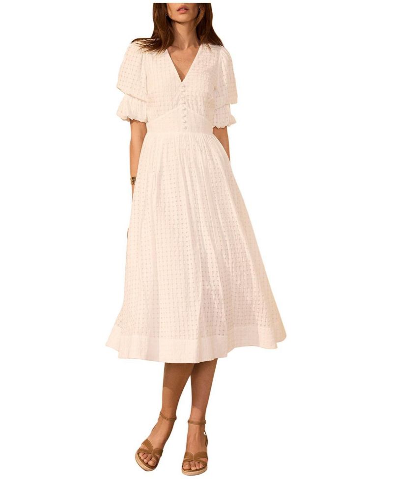 Women's Checked Puff-Sleeve V-Neck Midi Dress