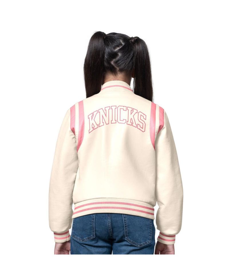 Girls Cream/Pink New York Knicks Underdog Leather Varsity Jacket
