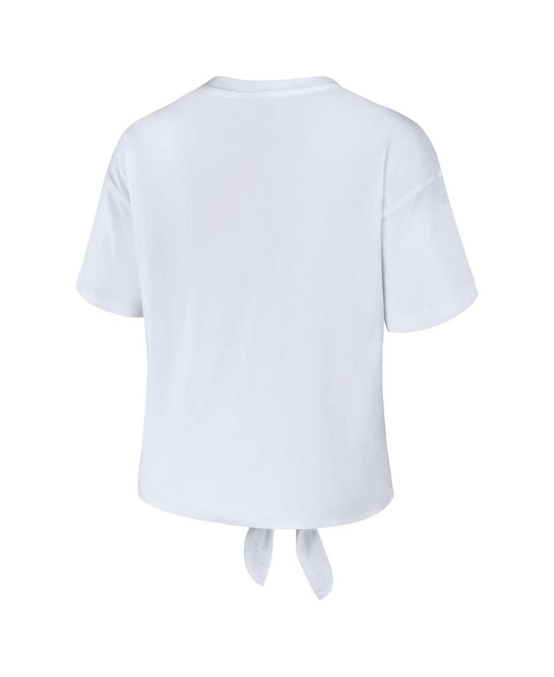 Women's White Wisconsin Badgers Striped Front Knot Cropped T-shirt