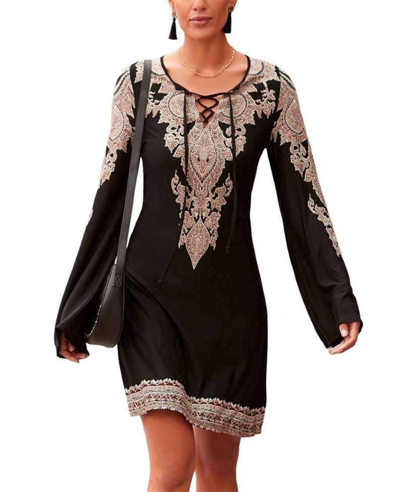 Women's Viscose Boho Print Lace Up Notch-Neck Short Dress