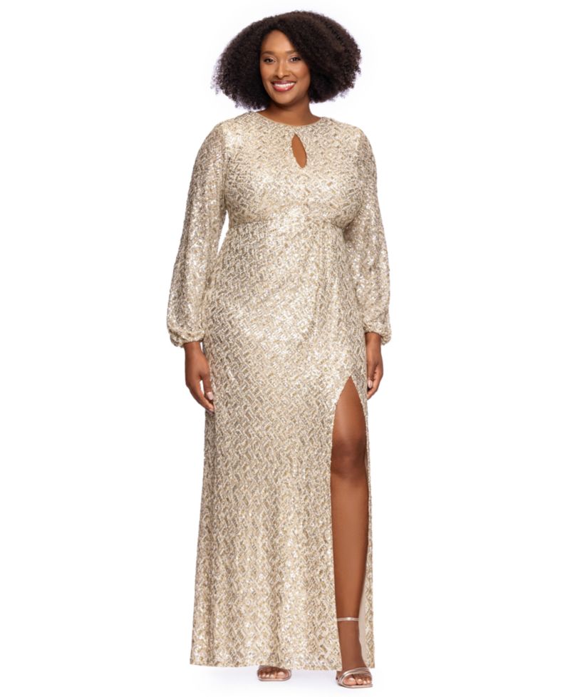 Plus Size Allover-Sequin Keyhole Long-Sleeve Gown