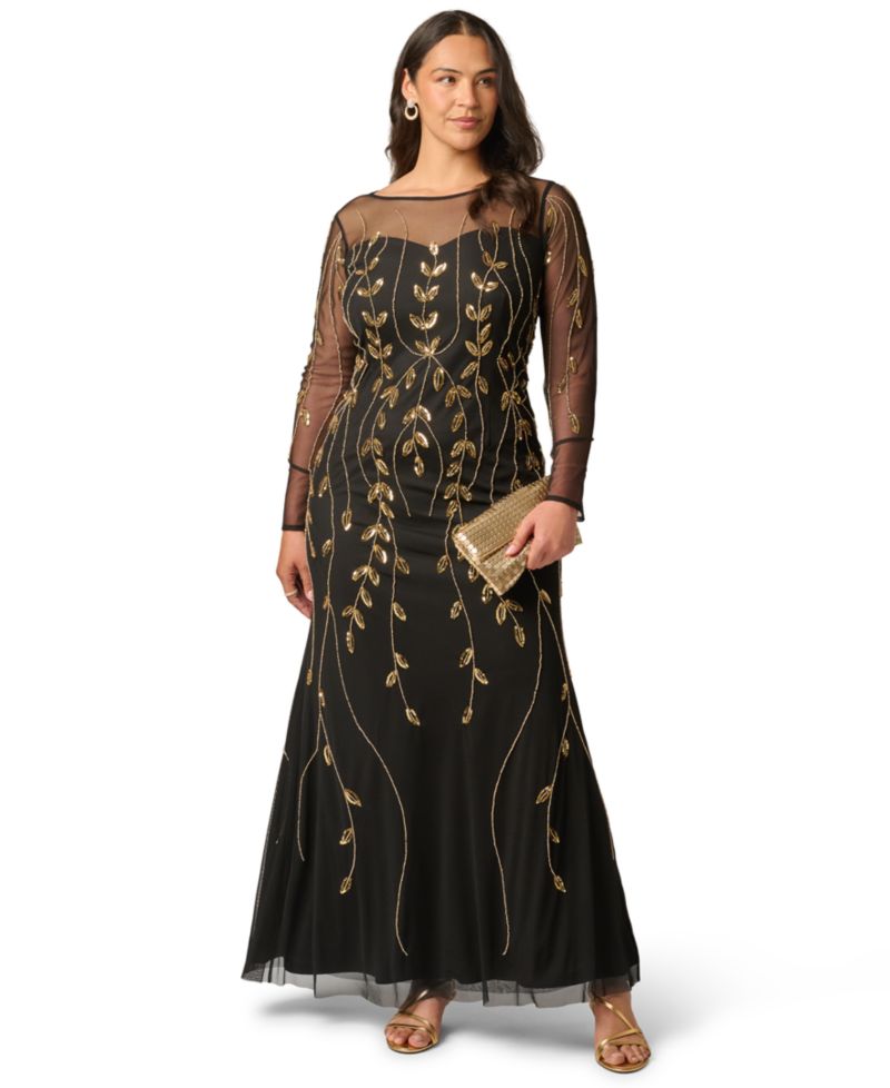 Plus Size Beaded Long-Sleeve Gown