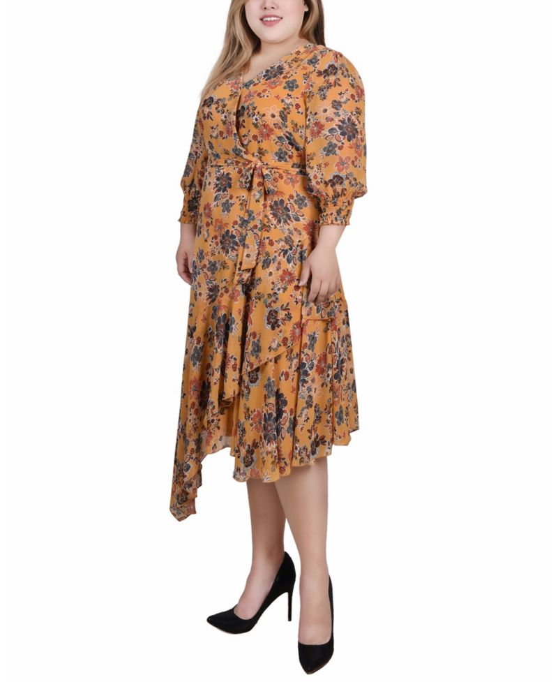 Plus Size 3/4 Sleeve Belted Chiffon Handkerchief Hem Dress