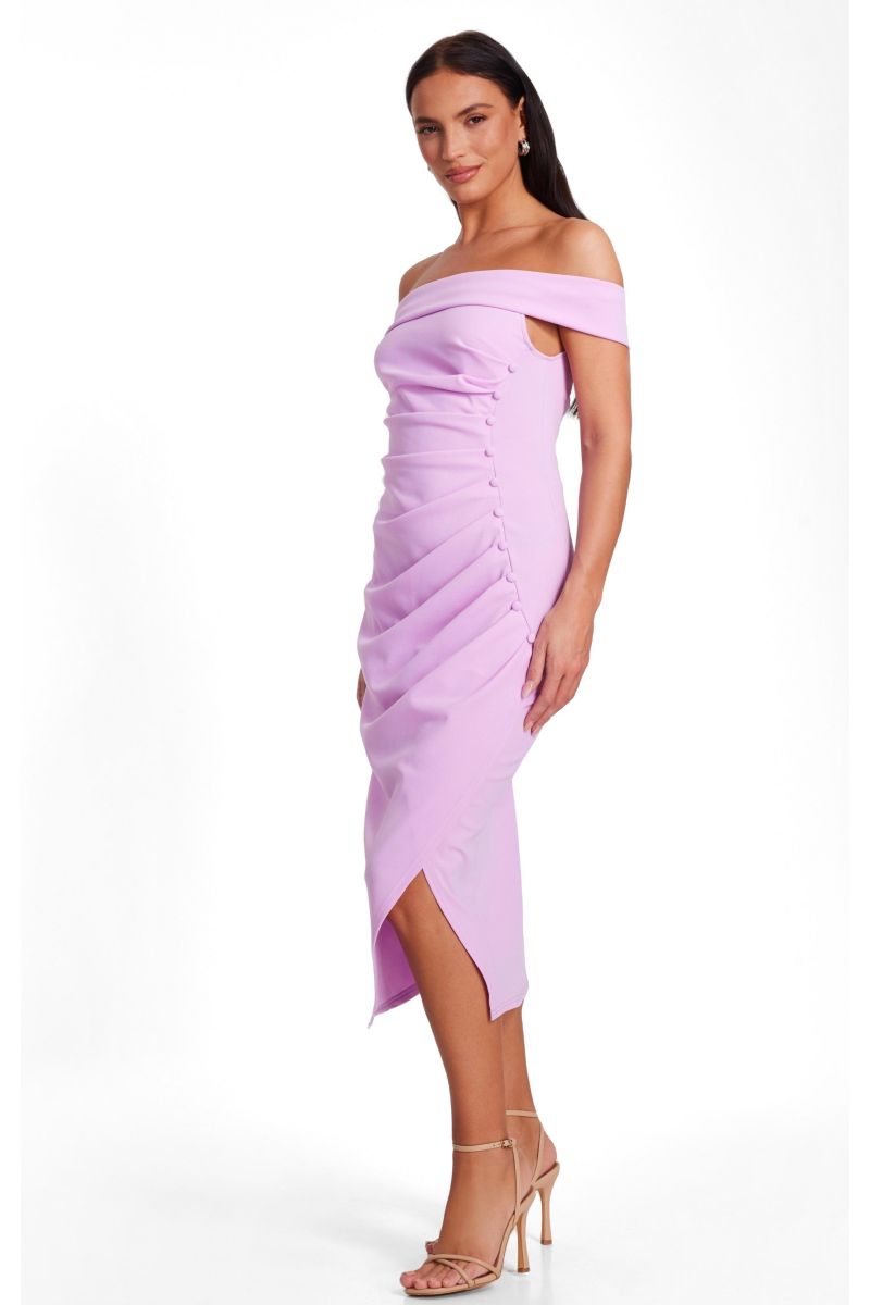 Women's Scuba Crepe Bardot Ruched Midi Dress