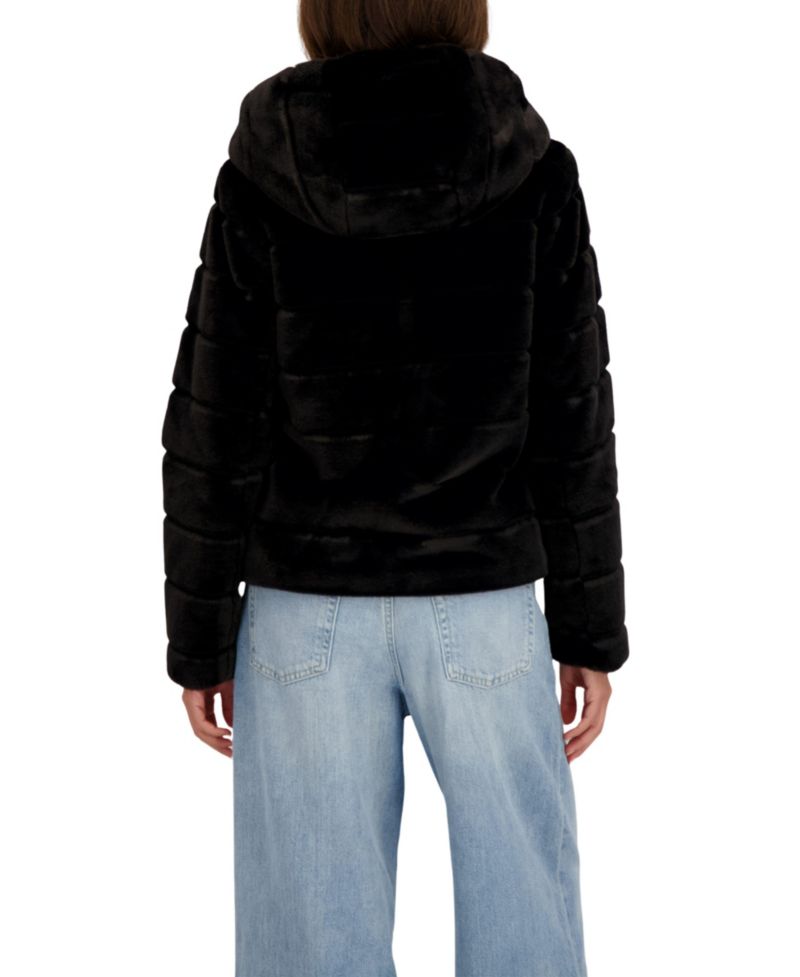 Women's Hooded Grooved Short Faux Fur Jacket