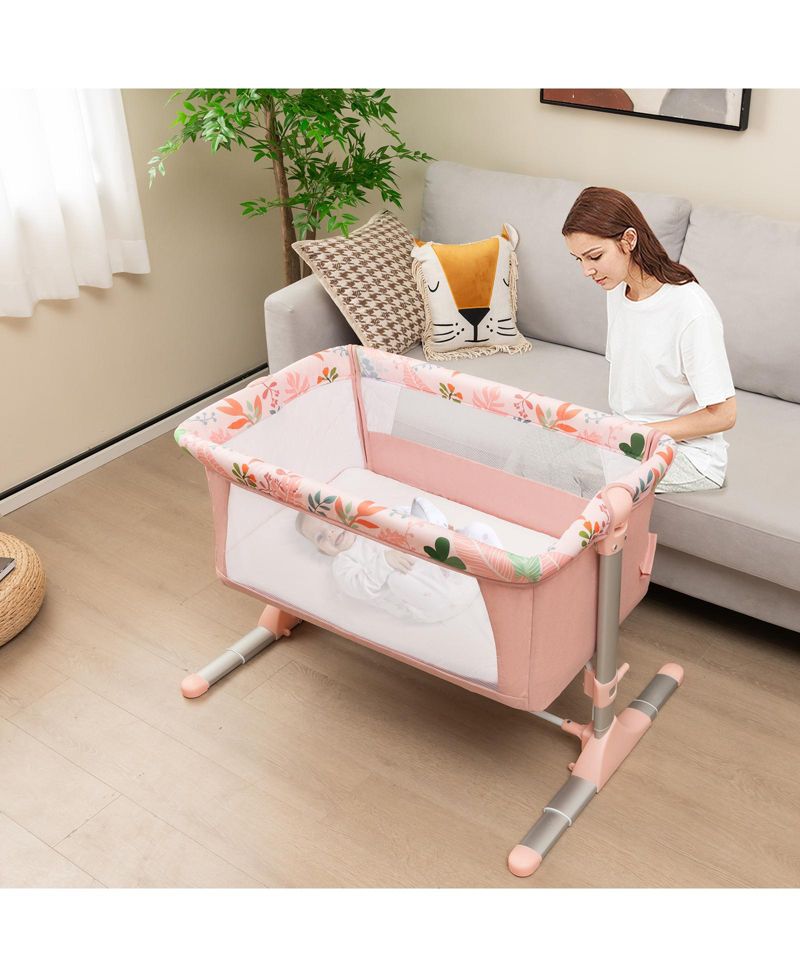 Folding Baby Bassinet Bedside Sleeper with 4 Adjustable Heights-Pink