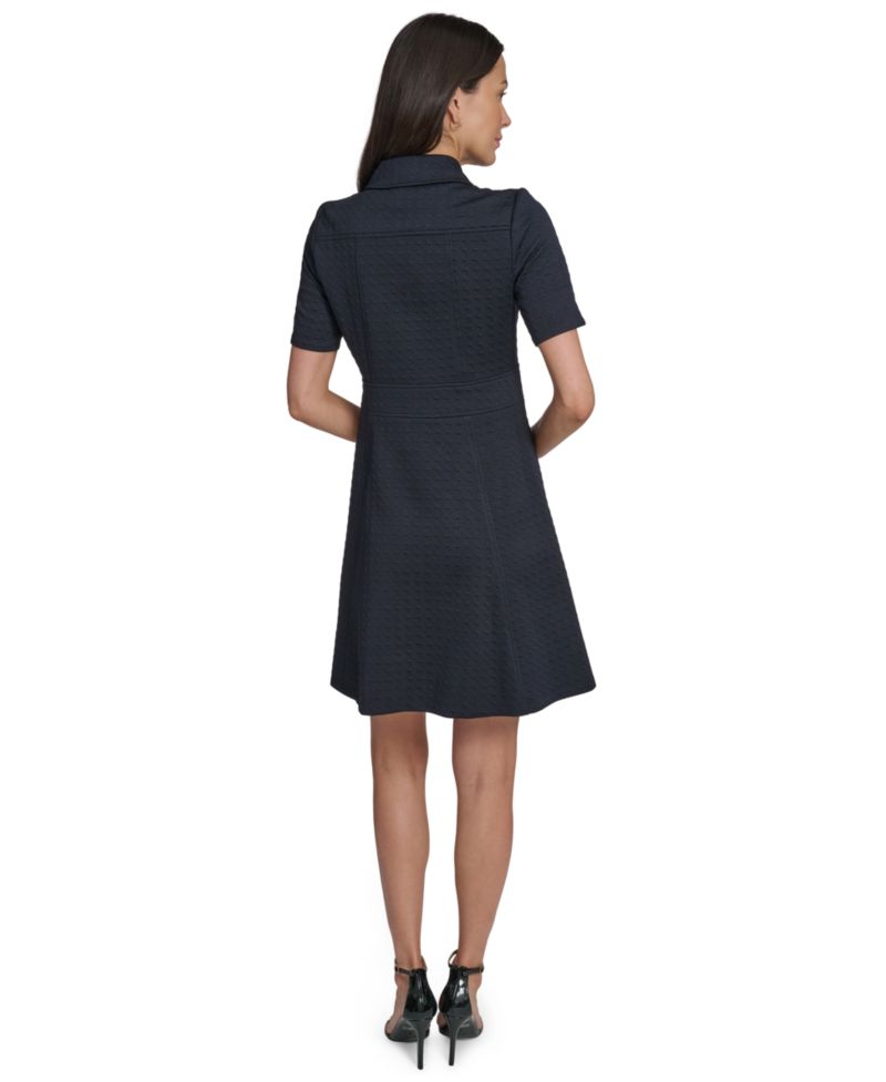 Women's Short-Sleeve Textured Knit Front Zipper Shift Dress