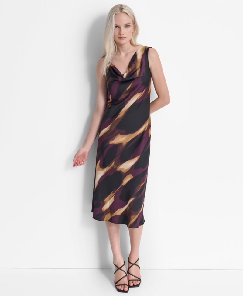 Women's Printed Cowl Neck Midi Dress