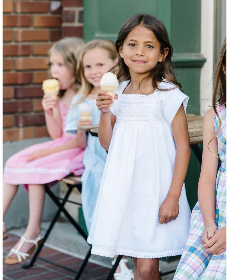 Toddler Girls Hope and Henry Sleeveless Crochet Detail Empire Waist Seersucker Dress